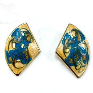 Vintage Swirled Blue and Gold Enamel Earrings